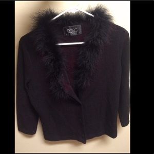 BCBGMaxazria Maroon Fur Collar Cardigan FitLikes M